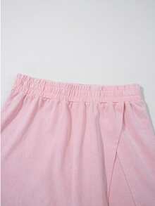 Mineral Wash Round Neck Tank Top Lined High Waist Split Skirt Set - Light Pink - 查看 8