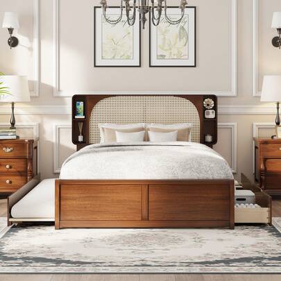 MERAX Queen Bed Frame With Storage Headboard, Queen Size Platform Bed With Twin Size Trundle, Queen Size Bed Frame With 2 Drawers,No Noise,No Box Spring Needed, Wood, Walnut