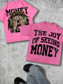 1 Piece Pink T-Shirt Men's Street Retro Hip-Hop Y2K Double-Sided Printed Pattern Washed Cotton T-Shirt Short-Sleeved Shirt Summer 100% Cotton Weight 230 Grams Suitable For Men's Casual Wear. - 粉色 - 查看 1