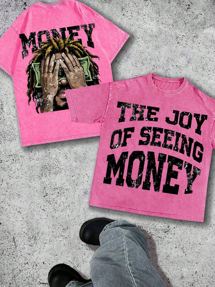 1 Piece Pink T-Shirt Men's Street Retro Hip-Hop Y2K Double-Sided Printed Pattern Washed Cotton T-Shirt Short-Sleeved Shirt Summer 100% Cotton Weight 230 Grams Suitable For Men's Casual Wear. - 粉色 - 查看 1