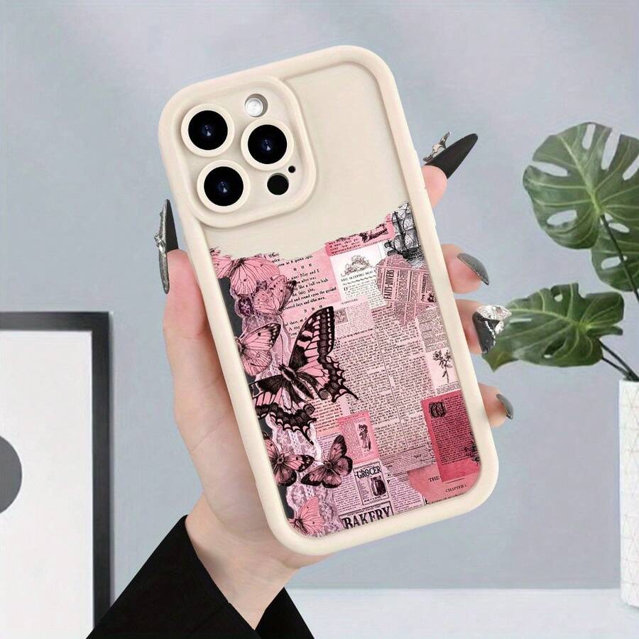 [Teléfono] Funda protectora anticaídas con diseño de periódico, sencilla y elegante, compatible con phone 8/X/XS/XR/11/12/13/14/15 Plus/Pro. Ideal como regalo para tu pareja, familiares y amigos. - Blanco marfil - Ver 1