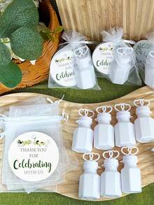 15件/套，婚礼迷你泡泡，婚礼宾客礼品套装，双爱透明泡泡瓶（不含液体），感谢绿叶圆卡，白色透明硬纱袋，拍照道具，适用于新娘送礼会，宾客礼物 - 白色 - 查看 1