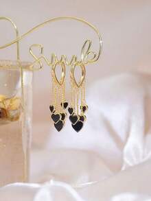 1 par de pendientes de corazón negro de lujo de aleación, accesorios para vestido de novia, adecuados para el día de la boda, joyería de dama de honor, accesorios del Día de San Valentín