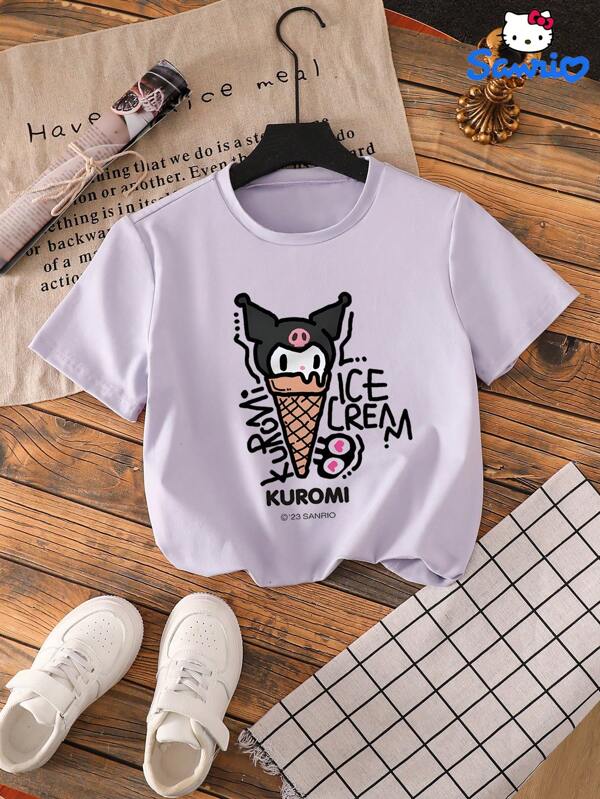 Sanrio Summer Girls' Short Sleeved Loose Casual Pajama Top, Sanrio Kuromi Printed Round Neck T-Shirt For Home Wear, Thin Top, Can Be Worn Outside, For Parties