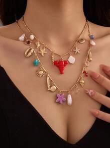 1pc Women's Fashion Jewelry, Ocean Themed Chain Necklace With Colorful Starfish, Seashell, Lobster Pendant, Suitable For Summer Beach Vacation, Beach Party And Daily Wear. Packaged In Velvet Bag