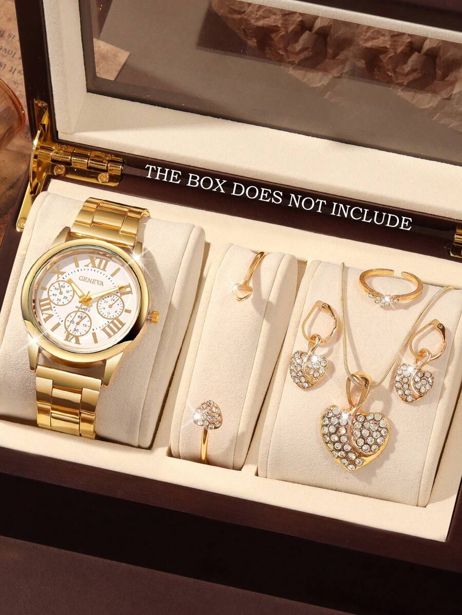 6pcs Fashionable And Versatile Women's Quartz Watch, Round Roman Dial Surface, Gold Steel Strip, Paired With Heart-Shaped Diamond Bracelet, Necklace, Earrings, Ring Jewelry Combination Set, Suitable For Daily And Holiday Wear, Gift Giving