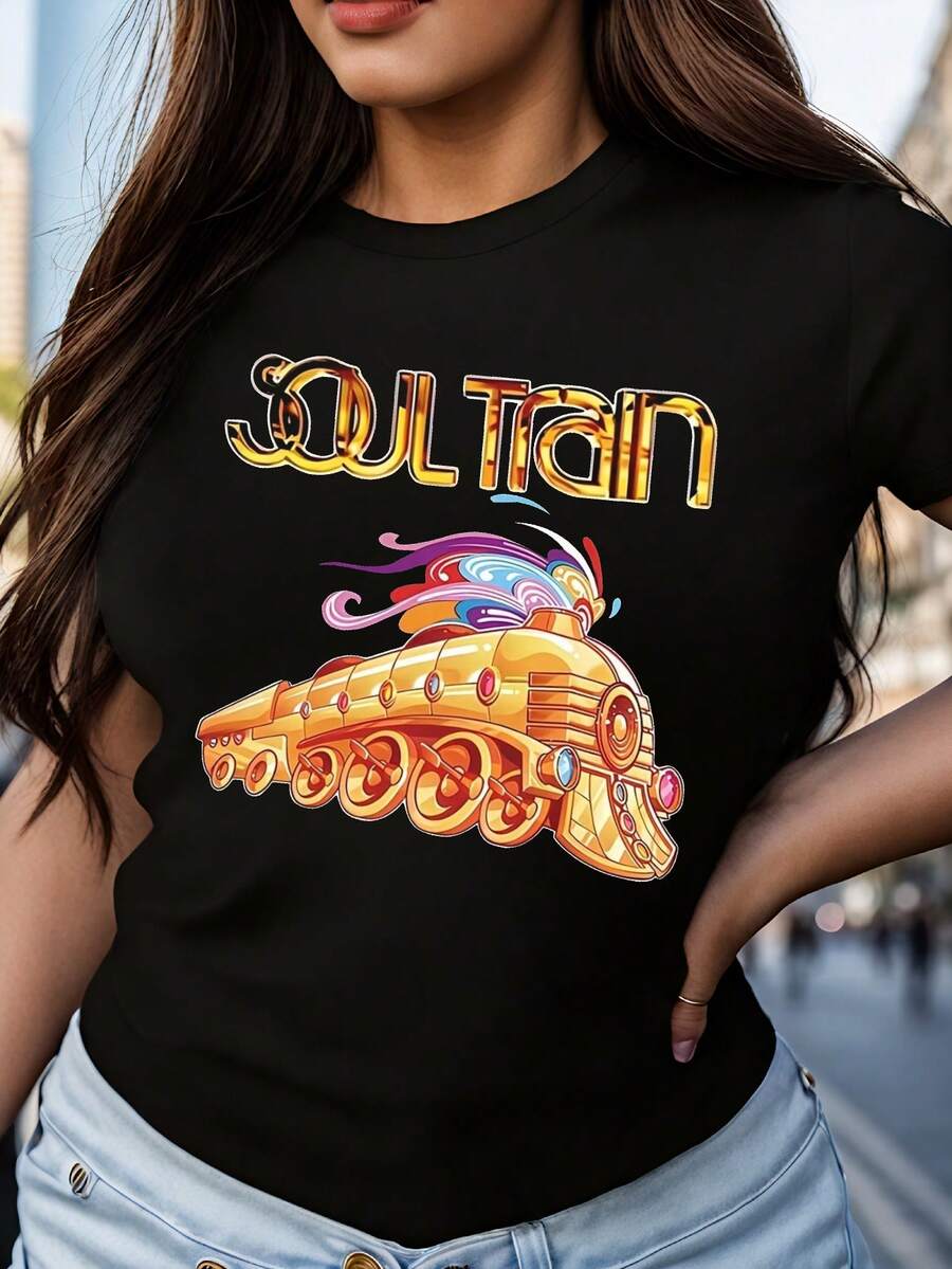 Women's 100% Cotton Soul Train Graphic T-Shirt - R - màu đen - Xem 1