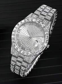 Set de 4 piezas: 1 reloj analógico de lujo de cuarzo cristalino, 2 pulseras con cuentas de estilo hip-hop, 1 collar con colgante de cruz - Accesorios de color dorado/plateado para hombres, negocios, deportes, uso diario, regalos