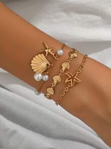 3pcs/Set Romantic Vacation Ocean Style Shell Chain Decor Jewelry Set, Including Starfish & Shell Pendant Bracelet, Fashion Fashionable Gold Combination Bracelet Suitable For Women's Daily Wear, Beach Party, Handmade Chain Length Customized, Faux Pearl & Shell Quantity Random
