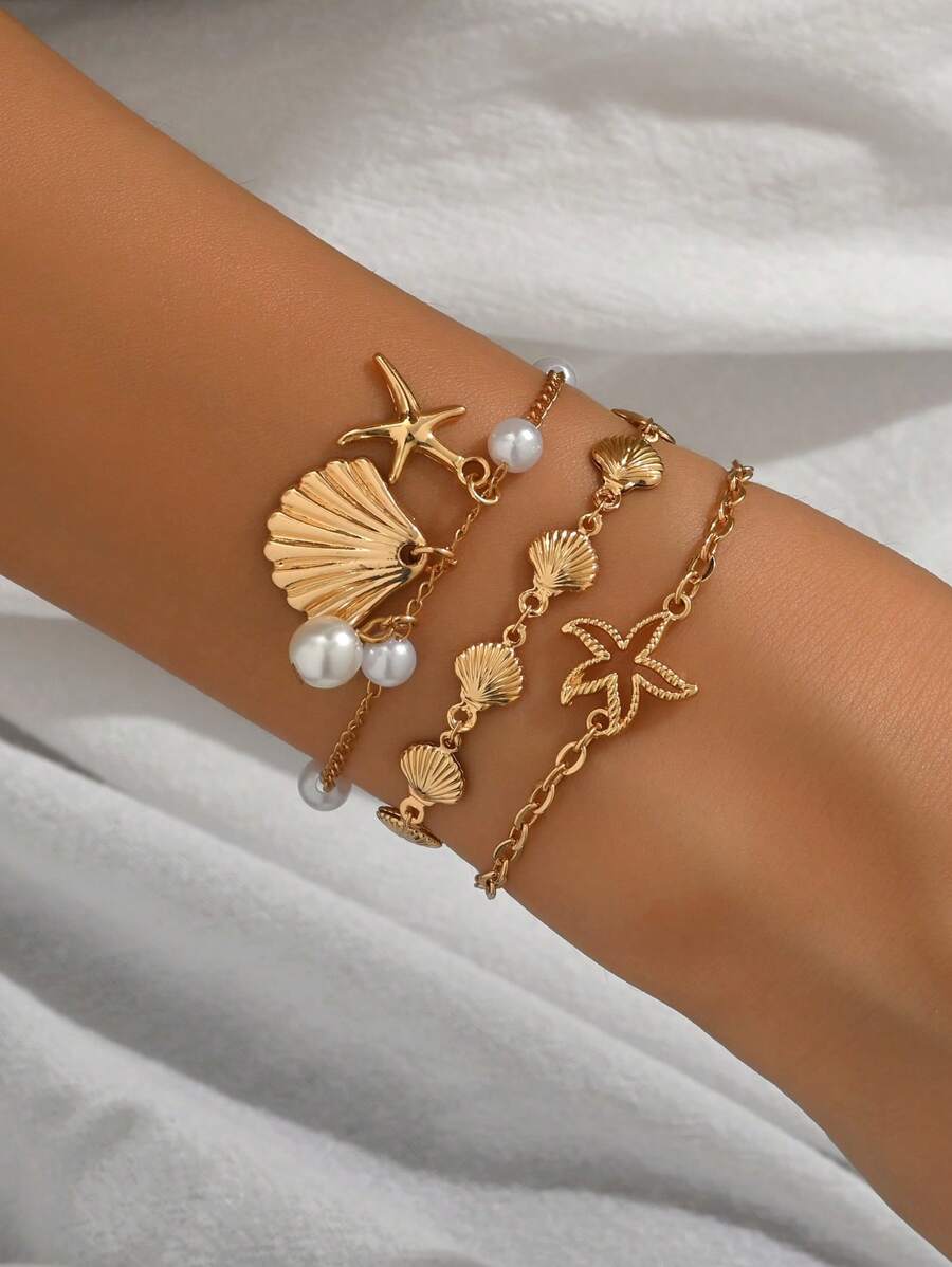 3pcs/Set Romantic Vacation Ocean Style Shell Chain Decor Jewelry Set, Including Starfish & Shell Pendant Bracelet, Fashion Fashionable Gold Combination Bracelet Suitable For Women's Daily Wear, Beach Party, Handmade Chain Length Customized, Faux Pearl & Shell Quantity Random