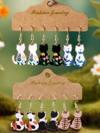 Colorful Whimsical Floral Spotted Pattern Cat Design Dangle Earrings Hand-Enameled Metal Cartoon Style Boho Jewelry Accessory Adorable Female Ear Ornaments For Women Daily Casual,Holiday,Birthday,Party , Anniversary Gift