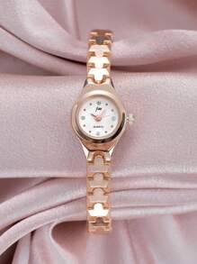 jw 1 Pieza Reloj de mujer Premium de color rosa, dulce y delicado, con caja de aleación redonda, esfera de moda con escala de cristales, reloj de cuarzo elegante, fácil de llevar, adecuado para decoración diaria, regalo de vuelta al colegio para estudiantes