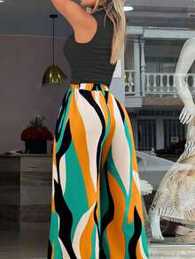 Conjunto feminino casual de férias com blusa de malha canelada com barra ondulada e calça pantalona, 2 peças, tamanhos grandes. - Laranja Verde - Ver 2