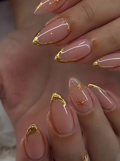 24片杏仁形凝胶美甲贴，提升您的时尚品味。法式贴片设计，中等贴合度，完美粘合。套装包含：1片果冻凝胶和1个指甲锉。法式杏仁形美甲贴，适合女性日常工作、节日派对及其他场合。果冻凝胶随机发货。美甲护理产品。美甲用品。