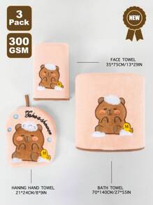 3-teiliges Set Capybara besticktes Koralle Handtuch Set: 1 Stück Badetuch 70*140cm, 1 Stück Handtuch 34*75cm, 1 Stück Gesichtstuch 21*24cm, weich & hautfreundlich für den Familienhaushalt, Rückkehr zur Schule, für den Schönheitssalon, Badezimmer Zuhause