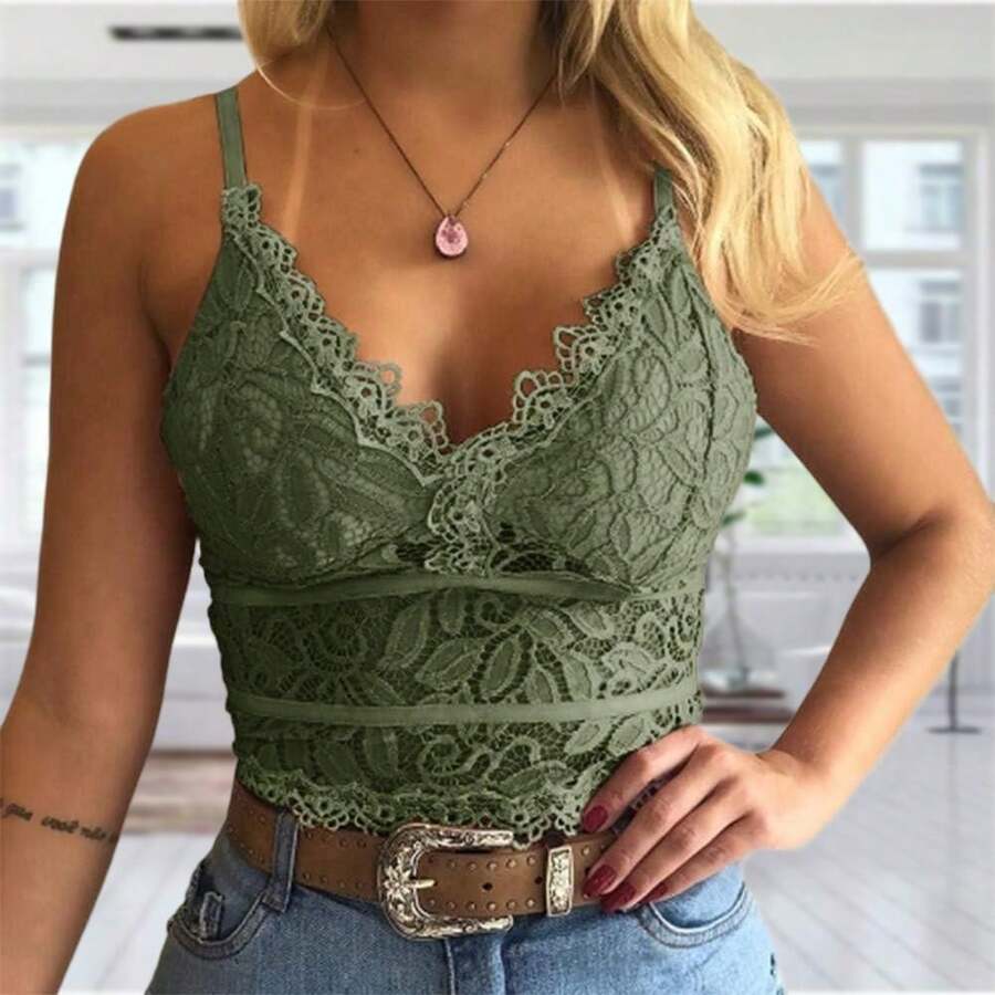 Women's Lace Crochet Cami Top Spaghetti Strap Crop Camisole Soft Casual Fit - Green - View 1