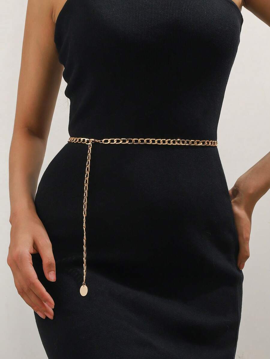 1 Pc Women's Simple Single Layer Metal Waist Chain, Gold Color Summer, School Fall, Autumn, Halloween - Gold - View 1