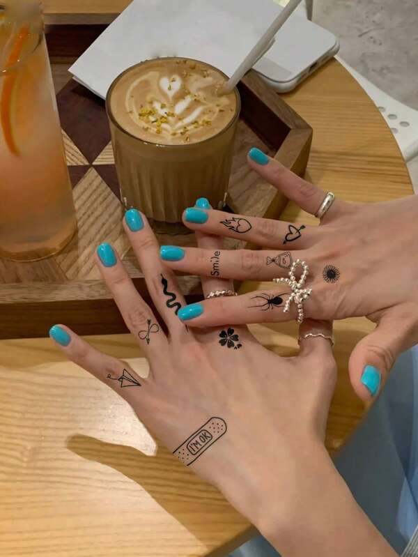 4pcs Black Mini Heart, Butterfly, Diamond, Crescent Moon & Music Note Pattern Unisex Temporary Tattoo Sticker, Suitable For Daily, Party, Holiday Gift, Body Decoration On Finger, Wrist, Ear, Shoulder, Neck, Collarbone