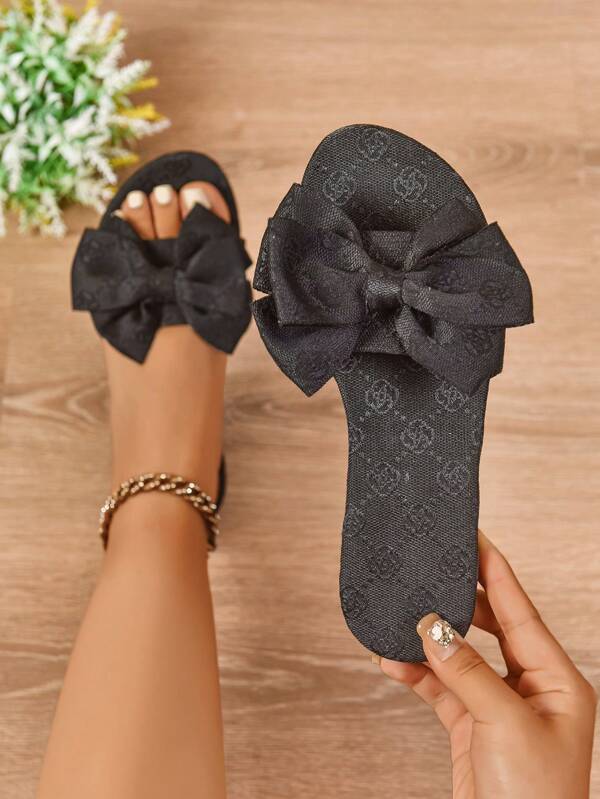 Women's Solid Color Flat Slippers With Bow Decor, Comfortable Indoor & Outdoor Casual Cloth Slippers, Fashionable And Comfortable, Bohemian Bow Design