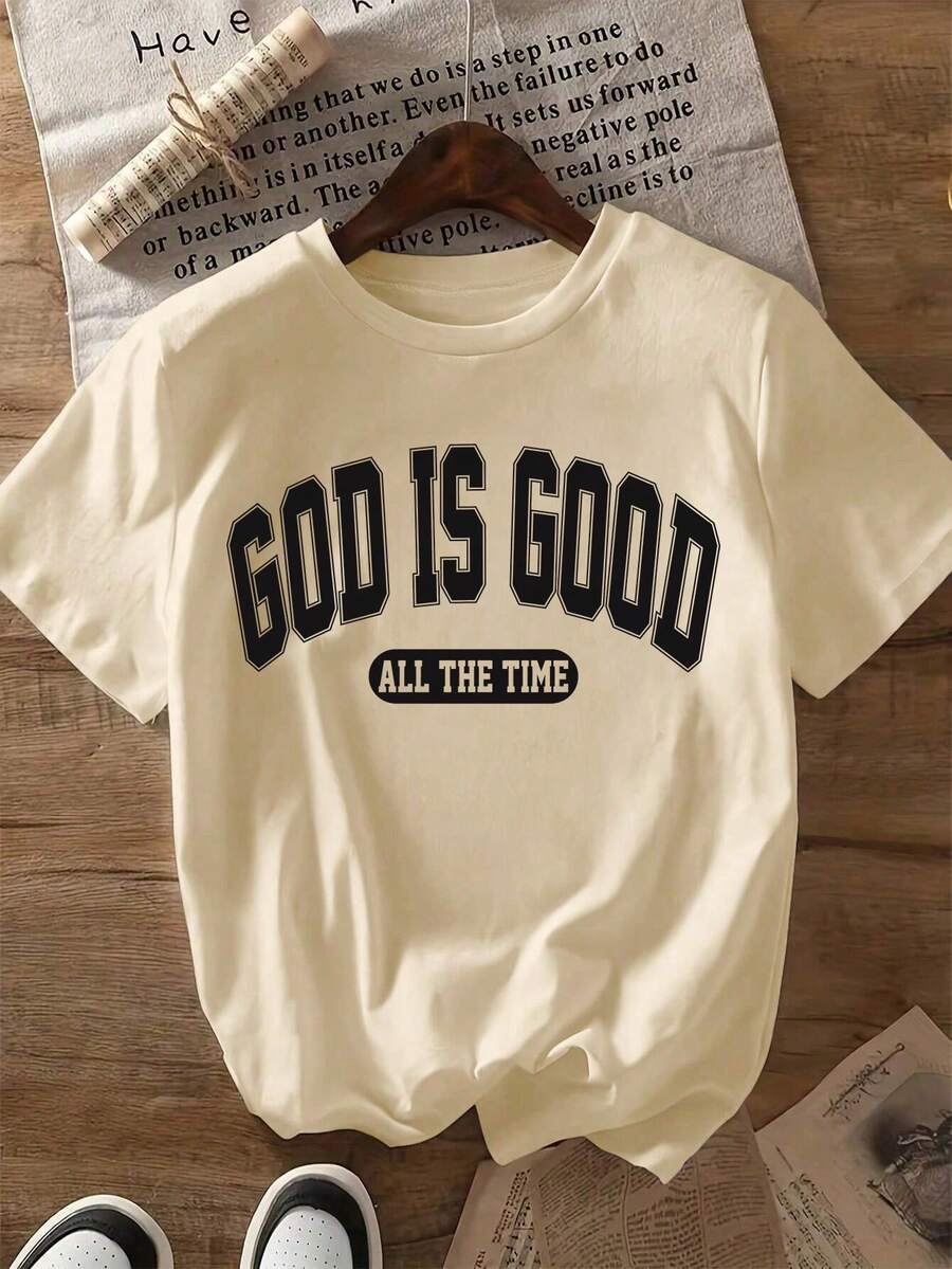 Women's Casual "God Is Good" Letter Print T-Shirt, Suitable For All Occasions - Apricot - View 1