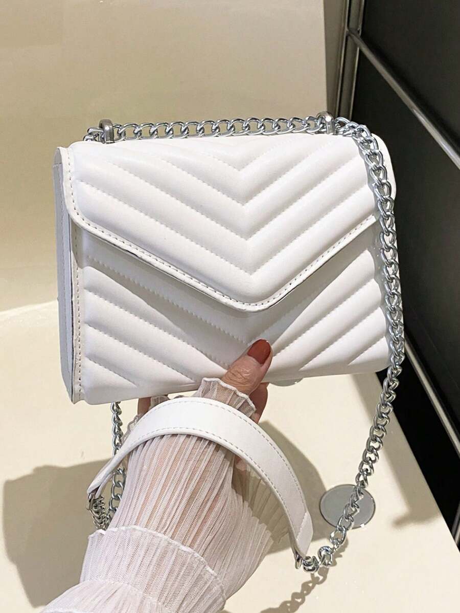 Bolso de hombro cuadrado con decoración en V de metal, bolso de cadena acolchado con solapa para la noche con cadena desmontable, nuevo bolso y monedero de piel sintética de unicolor, ligero bolso de mensajero para la oficina, compras y casual para teléfono y monedas