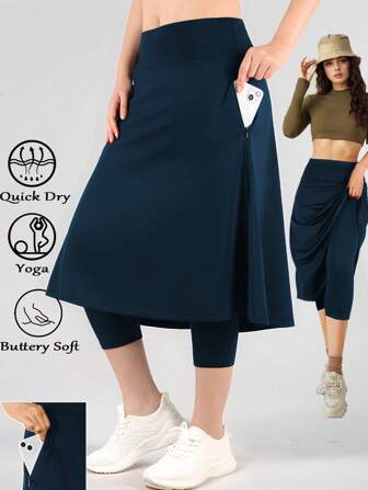 RUNONWHEELS 5 女式运动紧身裤，带口袋，高腰及膝长裙，搭配七分裤，适合网球运动