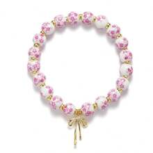 1pc Retro White&Blue Ceramic Bead Bracelet With Bow Pendant, Elastic, Suitable For Women's Daily Wear And Gifts