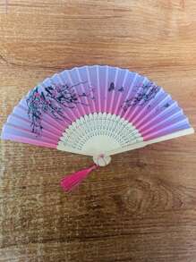 Abanico de seda plegable con decoración de flecos, accesorio tradicional chino clásico portátil para el disfraz, 1 pieza de patrón aleatorio en color rosa, mejor para regalo