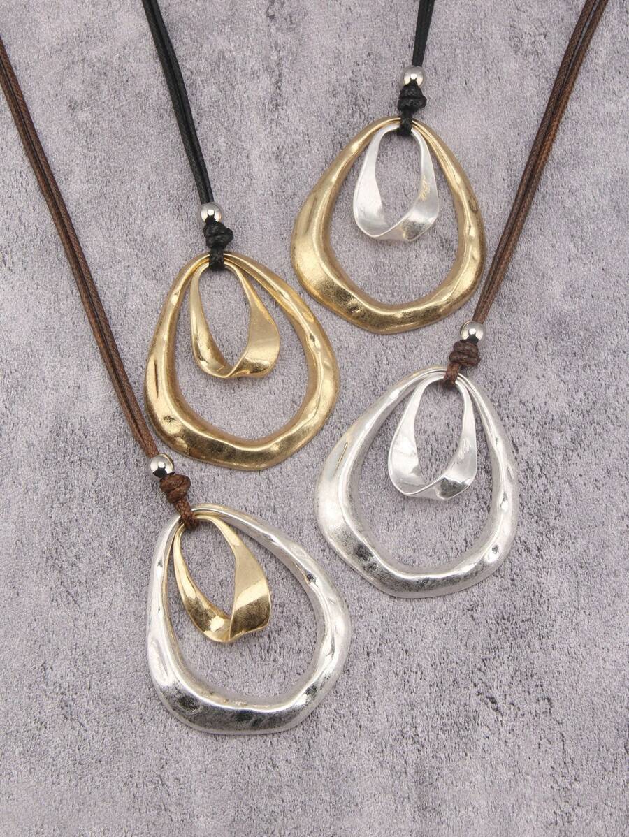 1 pieza Collar moderno de colgante metálico asimétrico y geométrico con cuentas para hombres, cuerda de cera marrón y negra, estilo minimalista hip hop