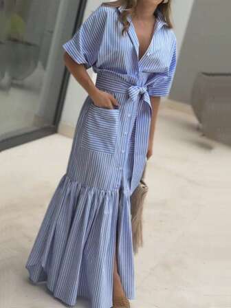 Europe And The United States Style New Summer Elegant Striped Woven Lapel Senior Short-Sleeved Ladies Plus Size Long Dress