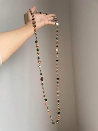 1 件复古百搭优雅手工天然贝壳和水晶串珠长毛衣链项链