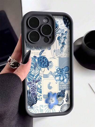 1 pieza Nuevo estuche de teléfono de TPU a prueba de golpes con patrón creativo azul de flores, tortuga marina, pulpo, concha marina y medusa compatible con Apple 16 Pro Max/15 Plus/14/13/12/11/8P/XS Max y Galaxy S24 Ultra/S23FE/S22/S21/S20/A52S/A15/A03