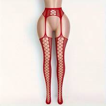 情趣内衣性感红色镂空网眼露裆开裆吊带 - 紅色 - 查看 2