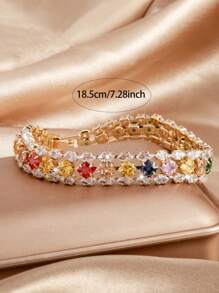 1pc Bohemian Style Multicolor Square Cubic Zirconia, Oval Cubic Zirconia Chain, Geometric Design Bracelet For Women, Suitable For Daily, Resort, Party Wear (Random Mixed Color)