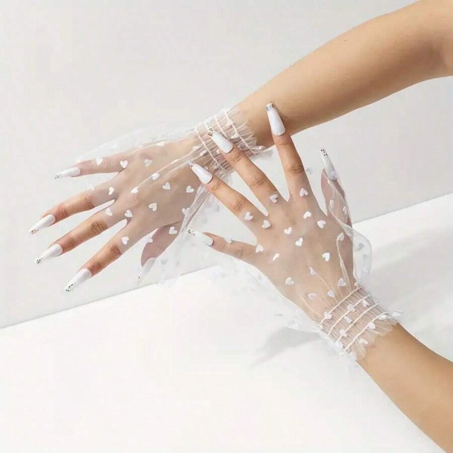 1 par de Puños con manga corta de encaje con diseño de lunares y corazones con volantes, simple y de moda, accesorio fotográfico para arte de uñas