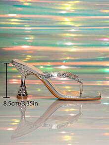 Fashionable Colorblock High Heel Peep Toe Sandals, Silver Rhinestone Decor Slip-On Mules With Low Block Heels - Silver - View 7