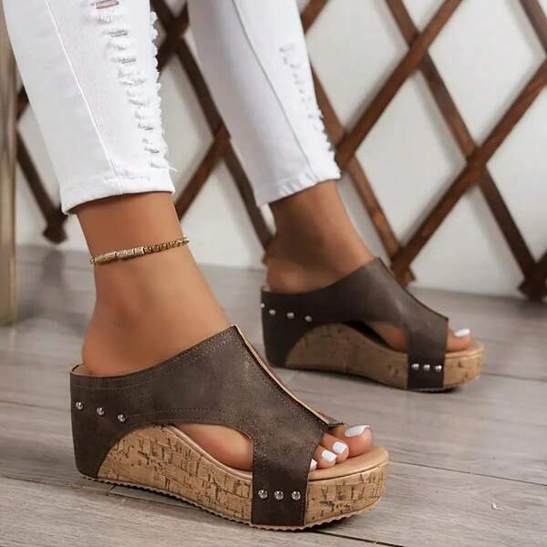 Summer Best-Selling Comfortable And Elegant Slippers With Thick Soles, Retro Platform And Waterproof Design - Open-Toe Side-Hollowed Slip-On Sandals For Women