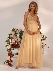 Joyfunear Maternity Sequin Contrast Mesh High Waist Sleeveless Maxi Dress - Gold - View 5