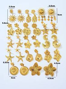 1 par de pendientes tipo botón con formas de corazón, estrella de mar, sol, floral y geométricas en tono dorado de acero inoxidable, adecuados para uso diario, playa, fiesta y vacaciones, gran regalo para amigos
