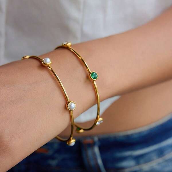 Uworld Stainless Steel Vintage Hammered Emerald Olive Green White Oval Zirconia Open Bracelet Exquisite Colorful Tarnish Free 18k Gold Plating