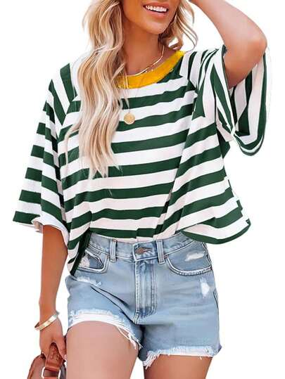 Casual Minimalist Striped Pattern Round Neck Short Sleeve Loose Women's T-Shirt, Suitable For Summer, Oversized T Shirt