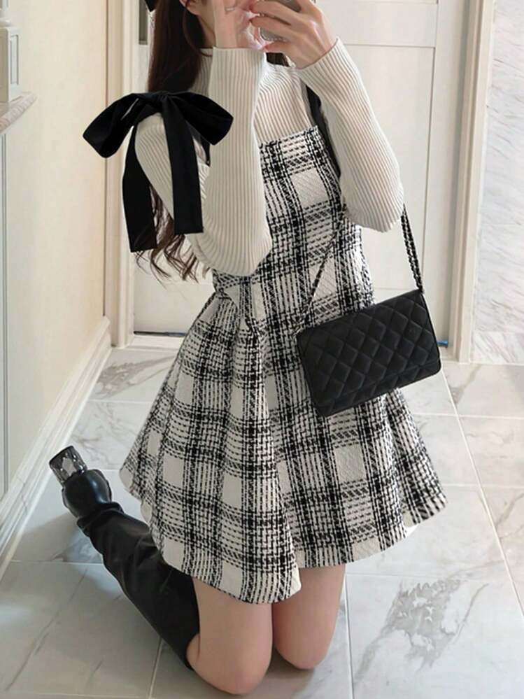 2025년 봄/여름 신상 여성 패션 깅엄 체크 타이업 크롭 캐미 드레스 세트