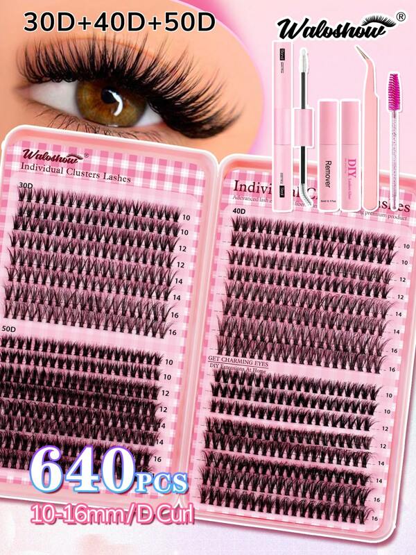 640pcs Lash Cluster Eyelash Kit,D Curl Cluster Lashes With White Glue, Natural Fake Eyelashes Glue Remover And Individual Lashes Tweezers , False Lashes In 6 Styles, 30D 40D 50D For Beginners,Makeup Tools(White Bond+Seal+Spare Glue+Remover+Tweezers+Brushes)