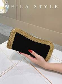 Luxury Black Rhinestone Embellished Velvet Clutch Bag, Gold Diamond Trim Evening Bag For Wedding Party Prom Formal Gown Envelope Clutch Purse, High-End Fashion Small Shoulder Handbag