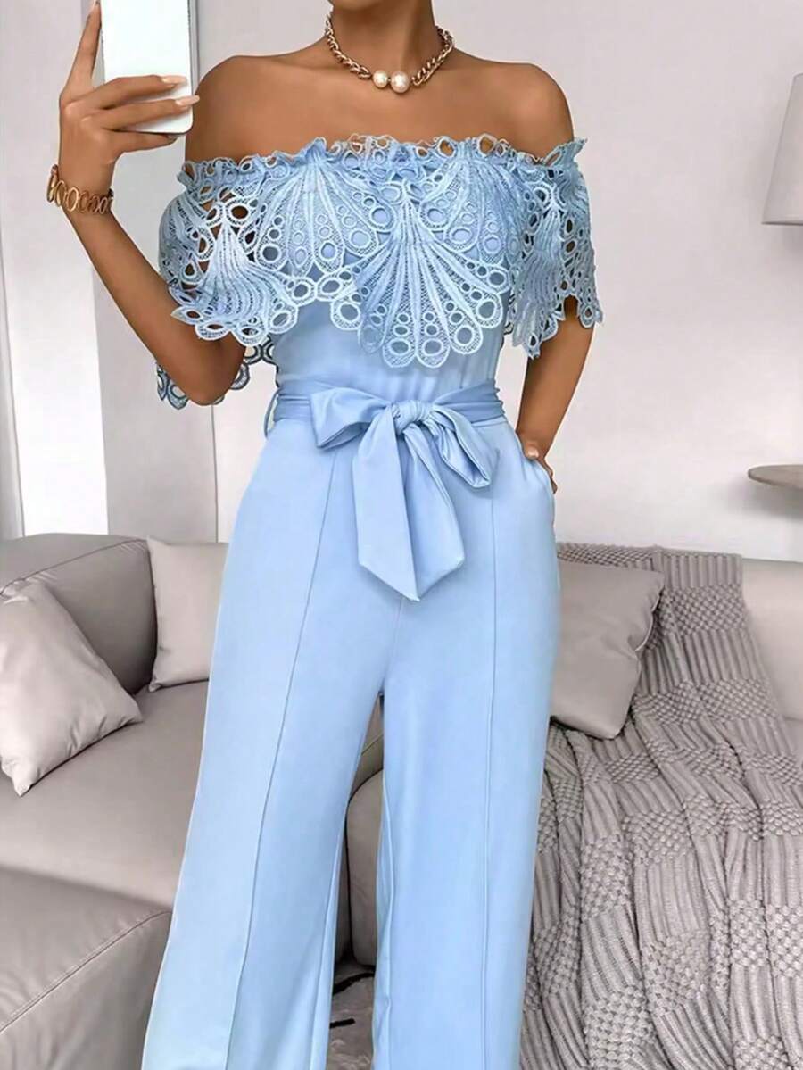 女士休闲弹力连体裤，喇叭裤腿性感高腰修身连体裤，200克梭织面料 - 藍色 - 查看 1