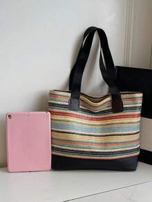 彩色条纹草编手提包 - 宽敞，PU皮革装饰，夏季海滩和日常使用的钱包