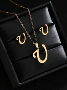 1 Set A-Z Stainless Steel Initial Necklace And Stud Earrings Jewelry Sets Alphabet Letter Pendant Chain Accessories Gifts