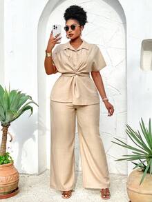 BIUBIU Ensemble deux pièces femme grande taille, été, loisir, simple, quotidien, avec chemise à manches courtes col lavallière torsadée pour resserrer la taille et pantalon casual pour la maison, les déplacements - Kaki - Voir 3
