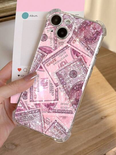 粉色钞票图案透明软手机壳，防滑，适用于11/12/13/14/15/16 Pro Max，防水防震防刮。