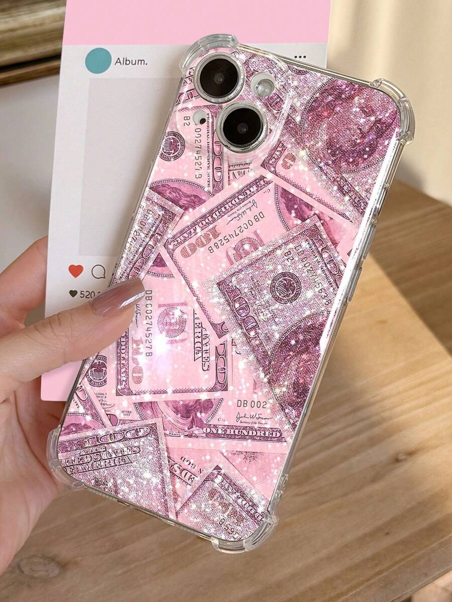 粉色钞票图案透明软手机壳，防滑，适用于11/12/13/14/15/16 Pro Max，防水防震防刮。 - 彩色 - 查看 1